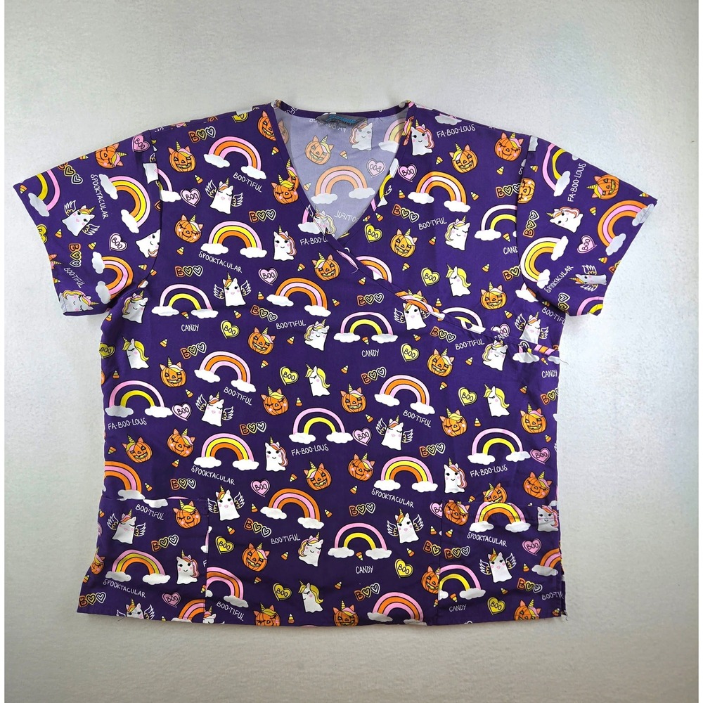 Serene Uniforms Scrub Top 2X Purple Halloween Unicorn Ghost Pumpkin Rainbow